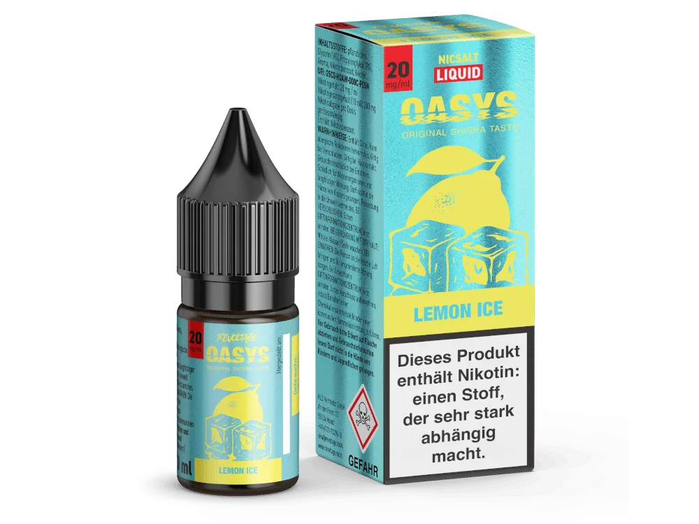 Revoltage Oasys Lemon Ice 10ml Nikotinsalz-Liquid, gelb-blaue Flasche und Verpackungsschachtel