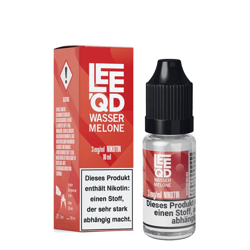 LEEQD Fruit Wassermelone 10ml Liquid – roter Karton und Flasche, leicht versetzt fotografiert