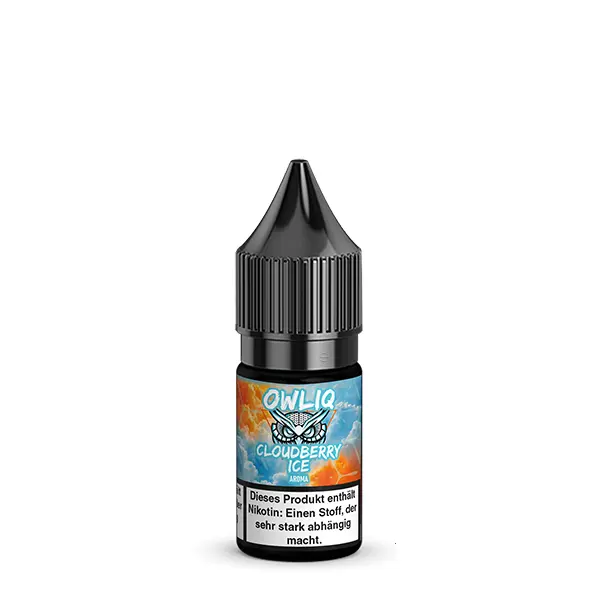 Owliq Cloudberry Ice 10ml Nikotinsalz-Liquid – Flasche vor blau-orangem Hintergrund