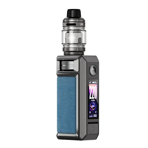 voopoo-drag-6-5.jpg VooPoo Drag 6 Kit in Dunkelblau-Grau mit aufgesetztem Tank, Frontansicht mit farbigem Display