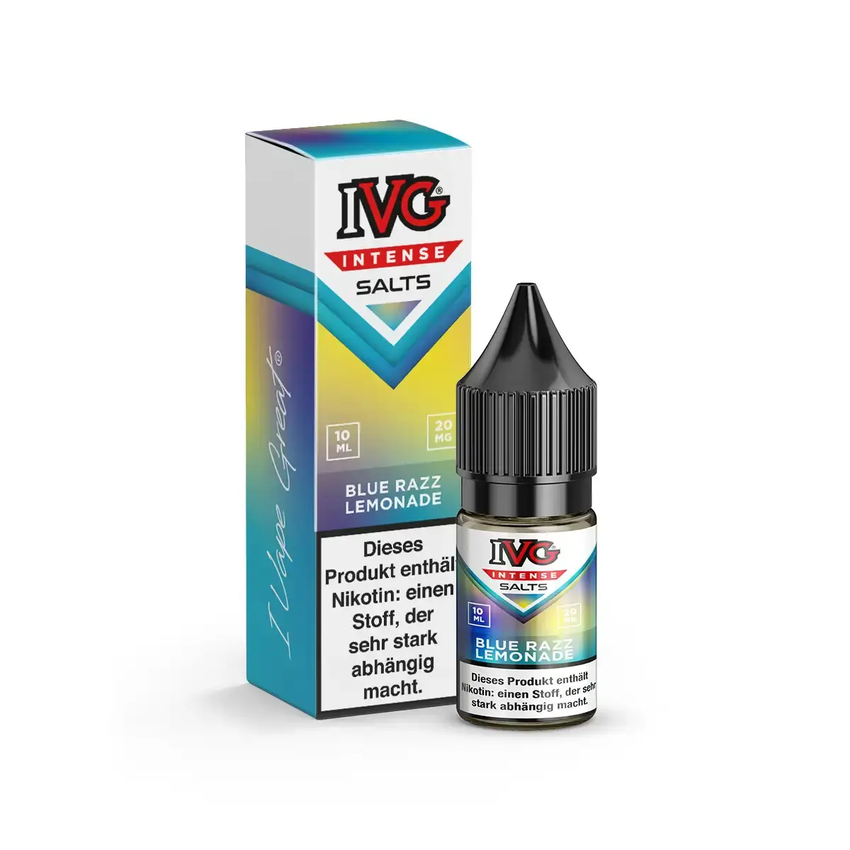 IVG Intense Salts Blue Razz Lemonade 10ml Nikotinsalz-Liquid – blau-regenbogenfarbene Flasche und Verpackung