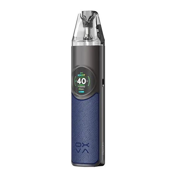 Oxva NeXlim Pod Kit in Dunkelblau mit rundem Display und transparentem Pod, Frontansicht
