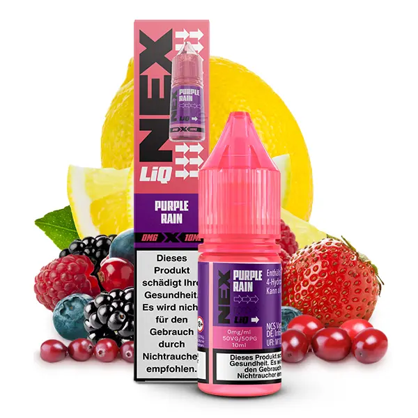 NexLiq Purple Rain Nikotinsalz-Liquid 10ml Flasche, Vorderseite, mit Beeren und Zitrusfrucht-Motiv