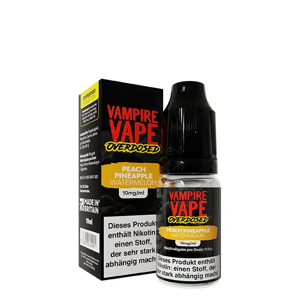 vampire-vape-overdosed-peach-pineaplle-watermelon-nikotinsalz-2.jpg Vampire Vape Peach Pineapple Watermelon Nikotinsalz-Liquid 10ml Flasche mit goldener Verpackungsbox