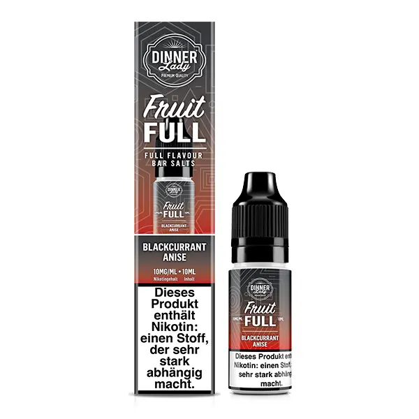 dinner-lady-fruit-full-blackurrant-anise-nikotinsalz-2.jpg Dinner Lady Fruit Full Blackcurrant Anise 10ml Nikotinsalz-Liquid – Packshot mit Flasche, dunkelbraun-schwarzes Etikett