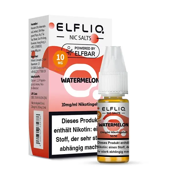 Elfliq Watermelon 10ml Nikotinsalz-Liquid von Elfbar, 20mg/ml, Frontansicht mit Produktetikett