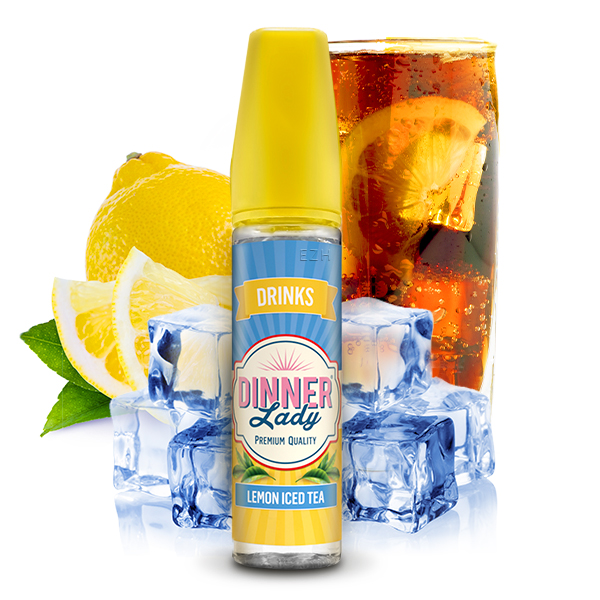 Dinner Lady Lemon Iced Tea Longfill-Aroma – gelbe 60ml Flasche mit Zitrone und Cola im Hintergrund