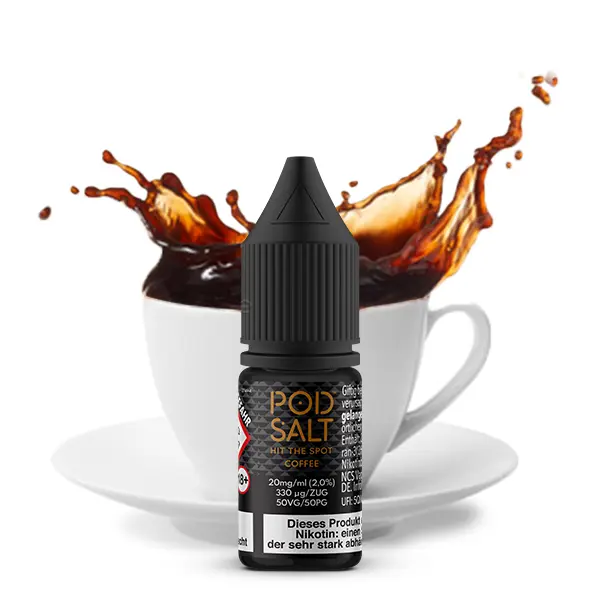 PodSalt Coffee Nikotinsalz-Liquid 10ml – schwarze Flasche vor Kaffeetasse mit Kaffeespritzereffekt