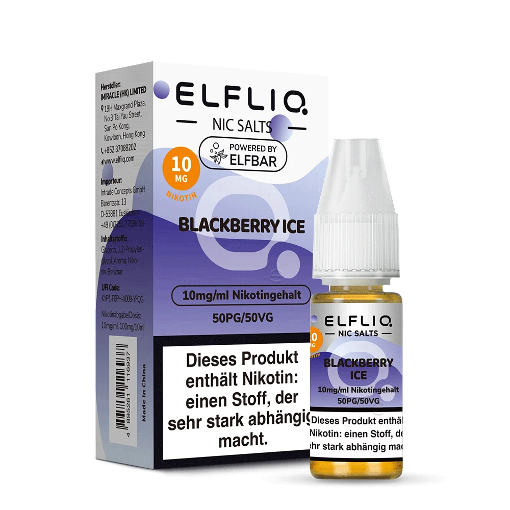 Elfbar Elfliq Blackberry Ice 10ml Nikotinsalz-Liquid, lila Flasche mit weißem Label, 10mg, Frontansicht