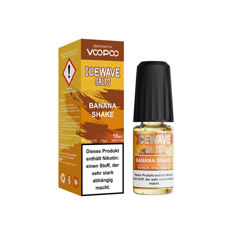Icewave Salts Banana Shake 10ml Nikotinsalz-Liquid – goldgelbe Faltschachtel mit Flasche, Vorderansicht
