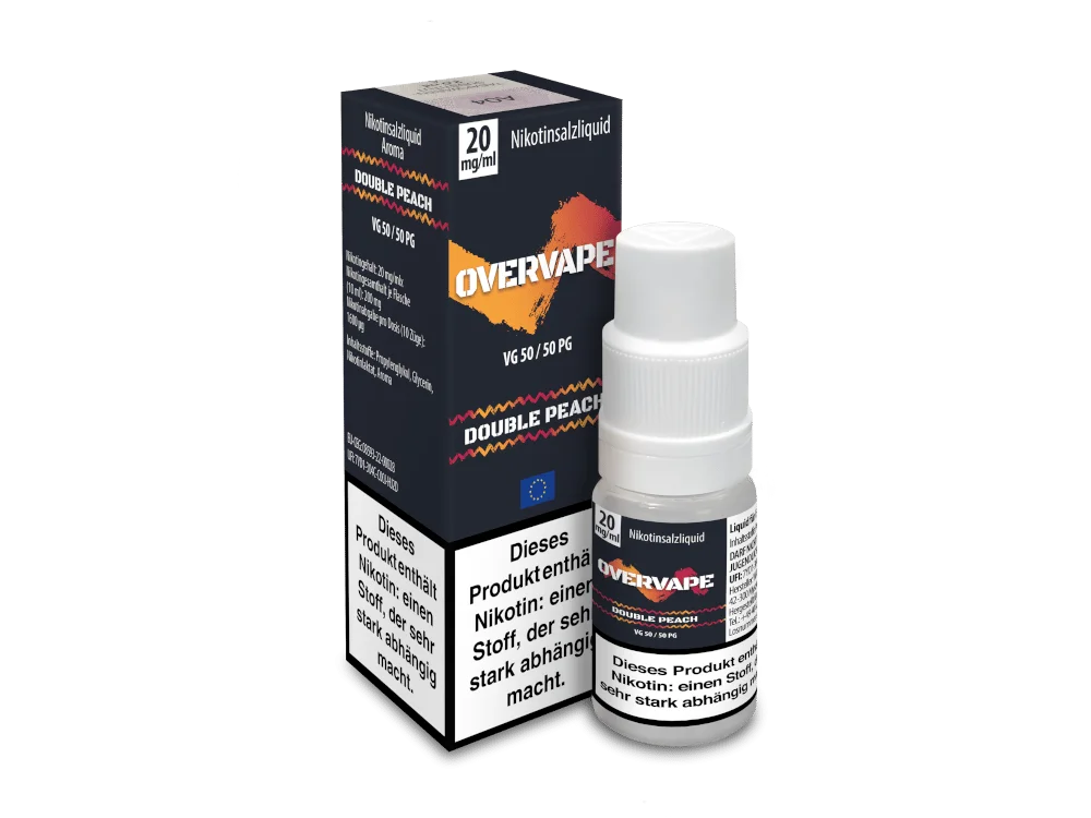 Overvape Double Peach 10ml Nikotinsalz-Liquid – Flasche mit schwarzer Schachtel, orangefarbener Akzent, Seitenansicht