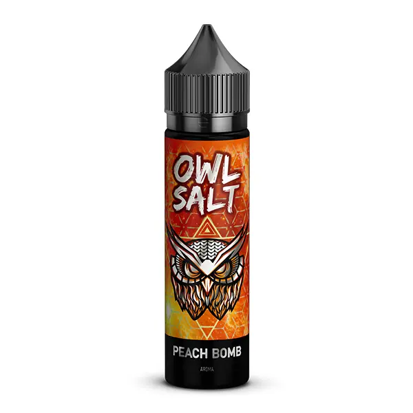 owl-salt-peach-bomb-aroma-2.jpg OWL Salt Longfill Peach Bomb 60ml Flasche in Orange mit Eule-Motiv, Frontalansicht