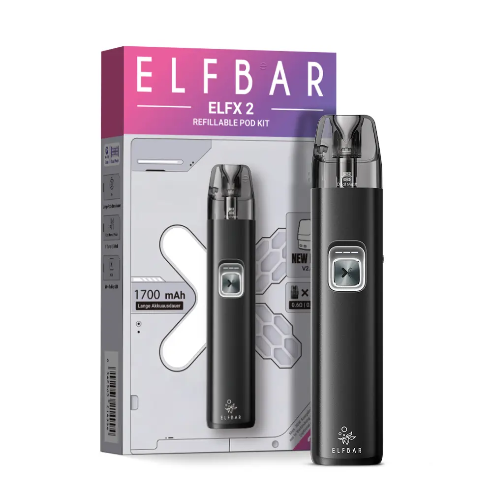 elfbar-elfx-2-black-2.jpg Elfbar ELFX 2 Refillable Kit in Schwarz mit Pod-Gerät und Originalverpackung