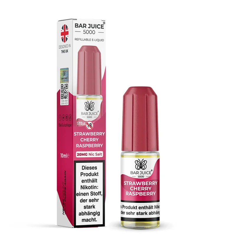 Bar Juice 5000 Strawberry Cherry Raspberry 10ml Nikotinsalz-Liquid – pinke Flasche und Verpackungskarton