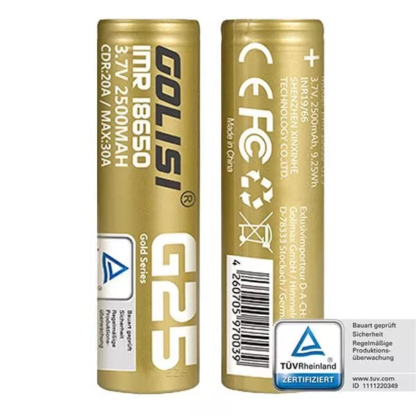 Golisi G25 18650 Akku 20A 2500mAh, zwei goldene Zellen Vorder- und Rückseite mit CE-Kennzeichnung
