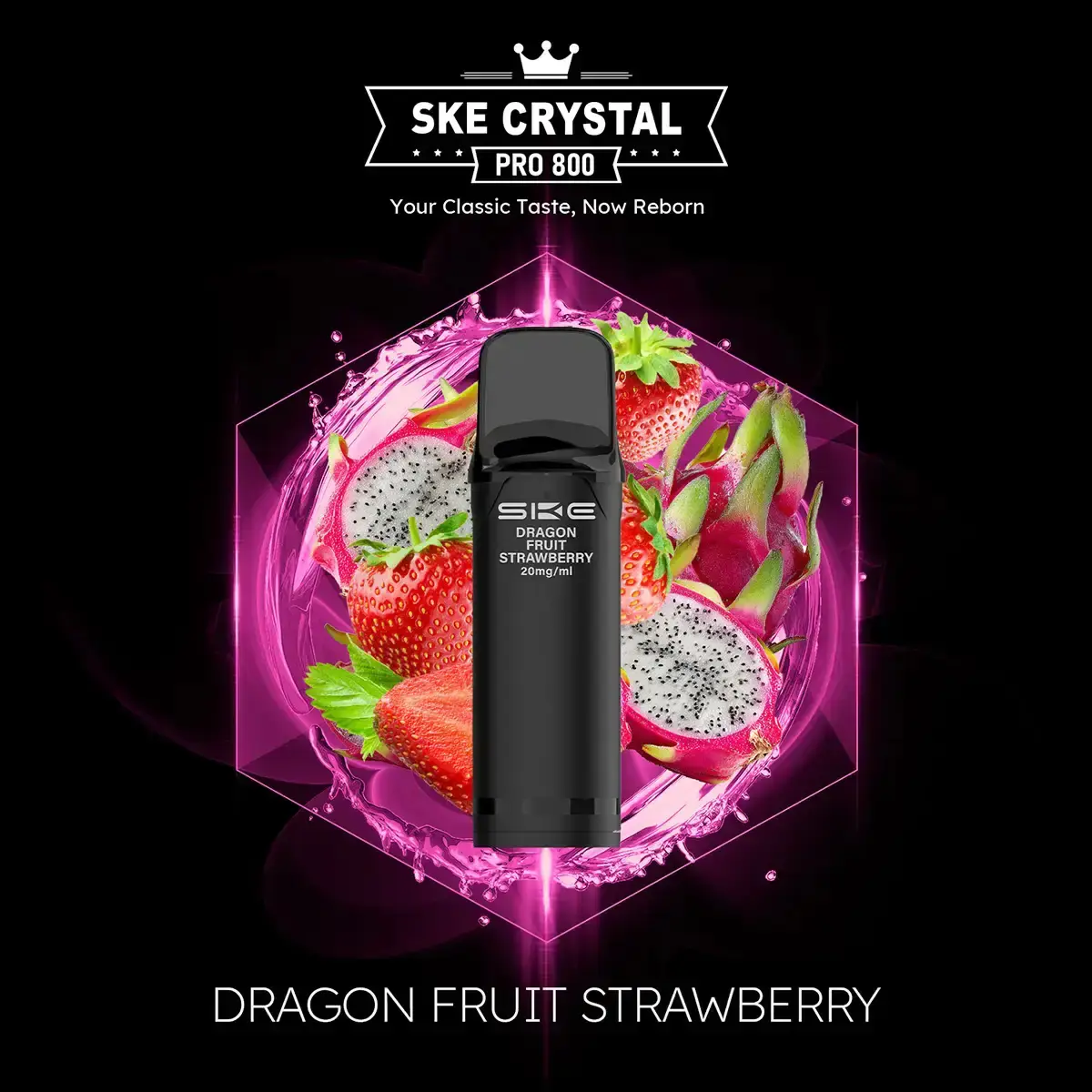 SKE Crystal 800 Pro Prefilled Pod Dragon Fruit Strawberry – schwarzer Pod vor Drachenfrucht und Erdbeeren