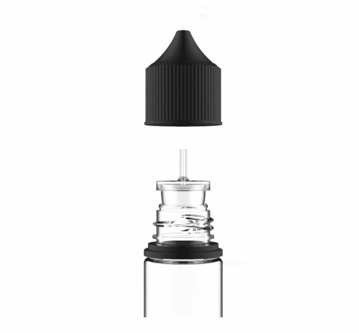 Chubby Gorilla V3 Leerflasche 60ml PET zerlegt: Flasche, Verschluss und schwarzer Deckel separat dargestellt