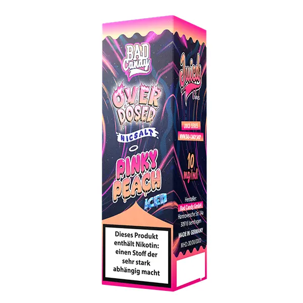 bad-candy-pinky-peach-nikotinsalz-2.jpg Bad Candy Juicd Series Pinky Peach Nikotinsalz-Liquid – pink-schwarze Faltschachtel der Overdosed-Linie