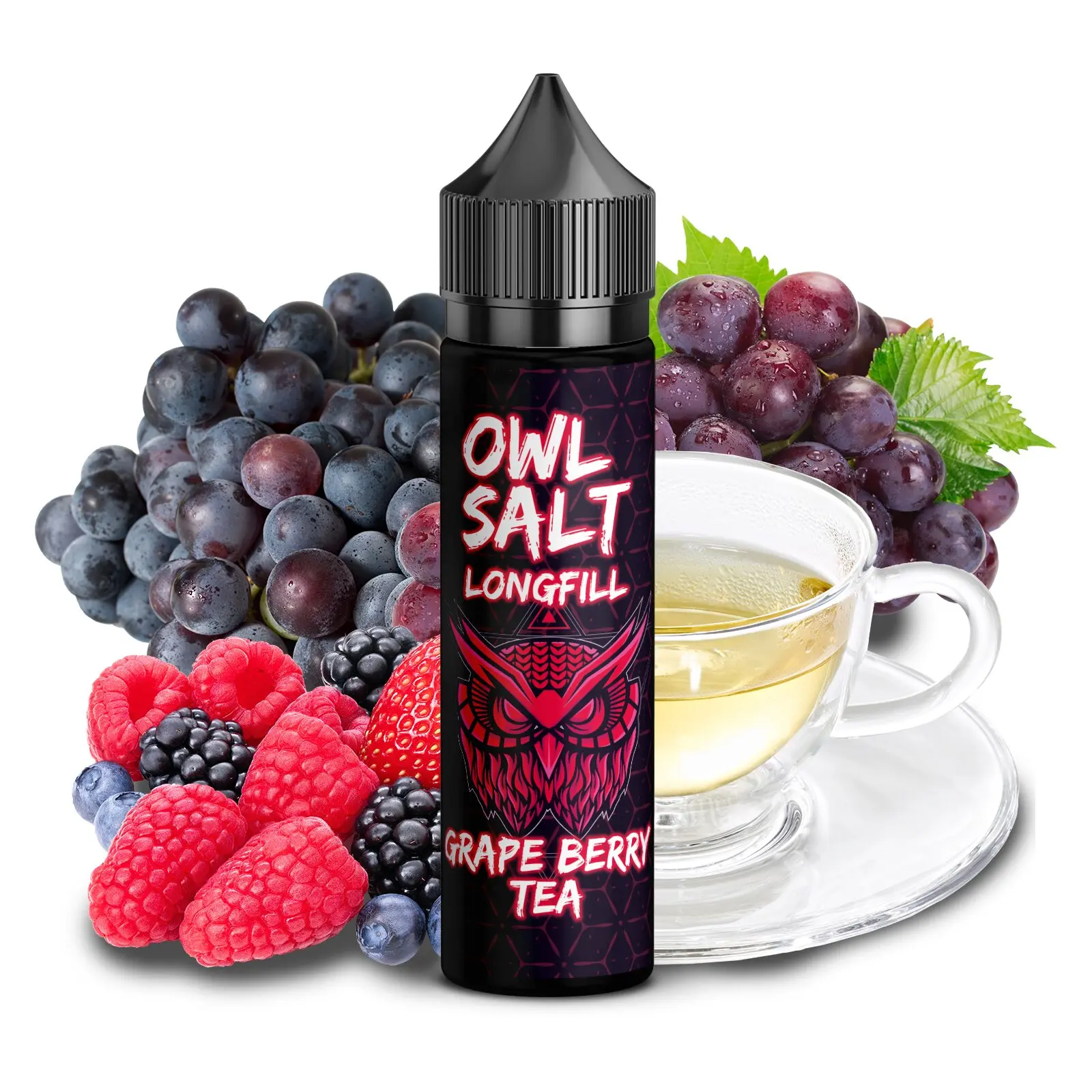 OWL Salt Grape Berry Tea Longfill 60ml Flasche mit Weintrauben, Beeren und Teetasse im Hintergrund