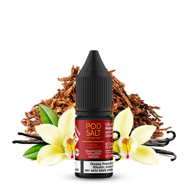 PodSalt Origin Royal Tobacco 10ml Nikotinsalz-Liquid – dunkle Flasche mit Tabakblättern und Vanilleblüten