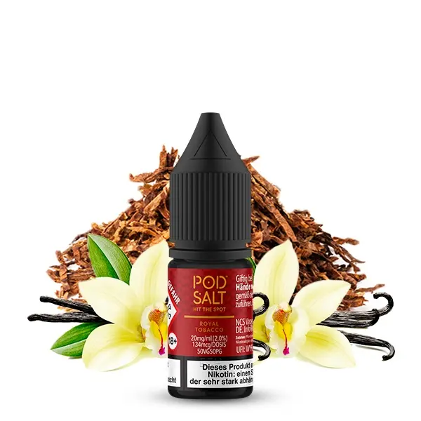 PodSalt Origin Royal Tobacco 10ml Nikotinsalz-Liquid – dunkle Flasche mit Tabakblättern und Vanilleblüten