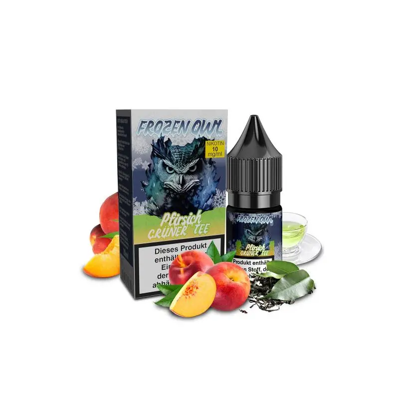 OWL Frozen Pfirsich Grüner Tee 10ml Nikotinsalz-Liquid – Flasche mit Verpackungsbox und Pfirsich