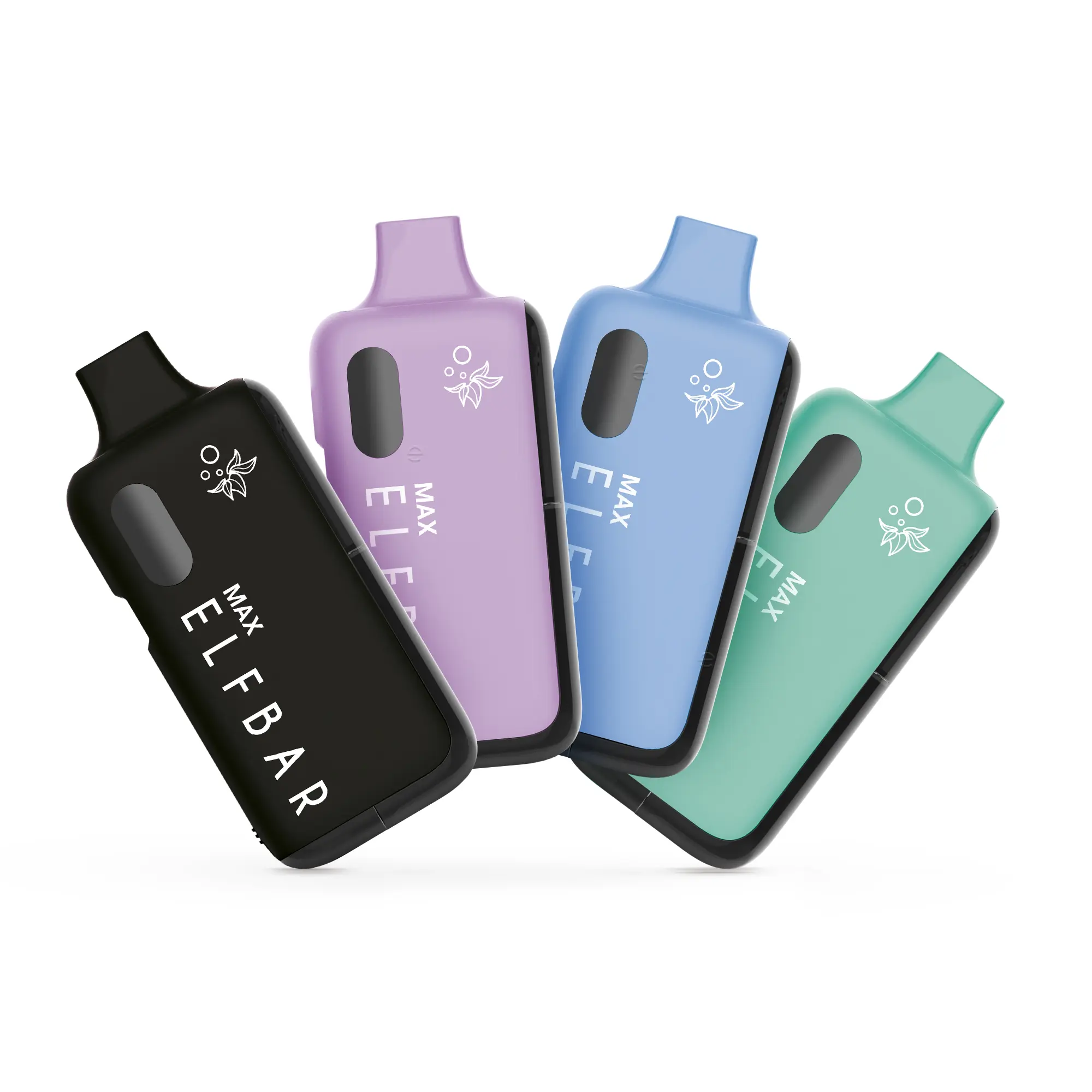Elfbar Max Kit vier Farbvarianten Schwarz, Lila, Blau und Mint in Rückenansicht ohne Pod