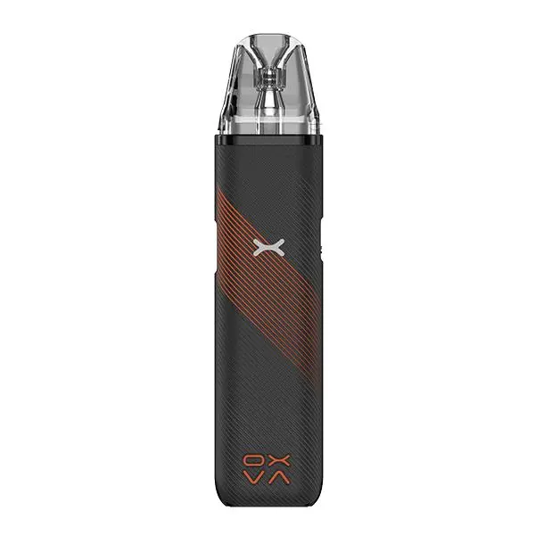 Oxva Xlim Go Pod Kit in Dunkelbraun-Schwarz mit Carbon-Muster und transparentem Pod, Frontansicht