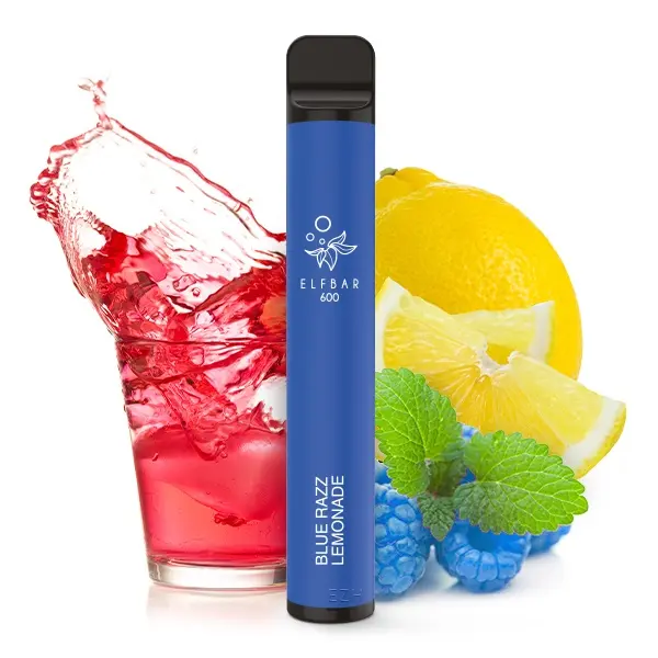 Elfbar 600 Einweg E-Zigarette Blue Razz Lemonade – blaues Gerät mit Zitrone und rotem Himbeer-Splash