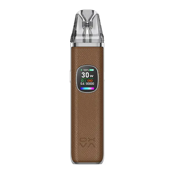 Oxva Xlim Pro 2 Kit in Braun mit farbigem Display und transparentem Pod, Vorderansicht