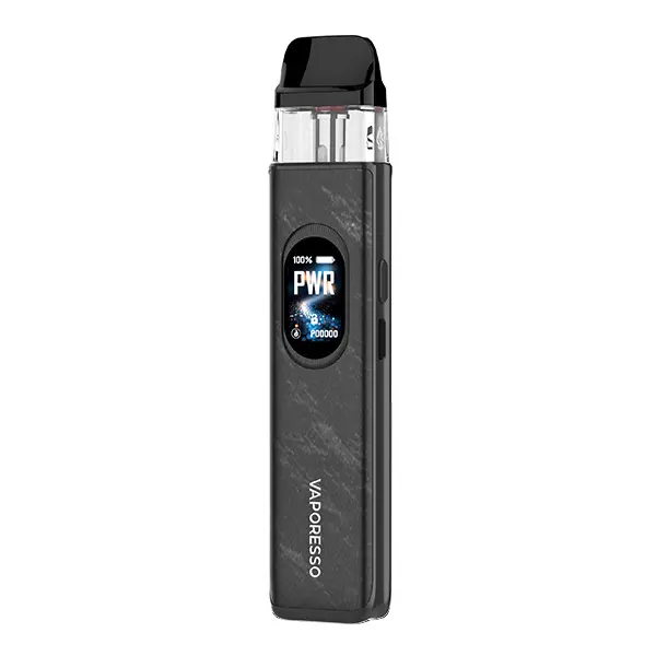 Vaporesso XROS 6 Pod Kit in Dunkelgrau mit Carbon-Optik, OLED-Display und aufgestecktem Pod, Frontansicht