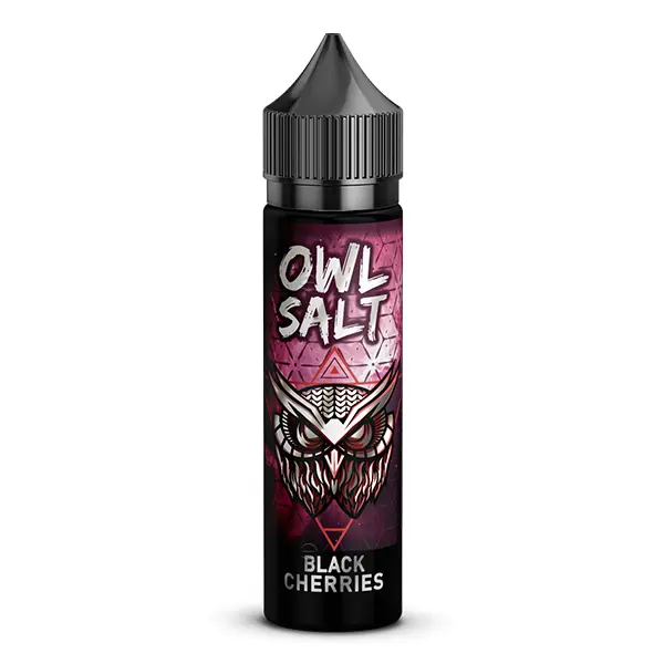 OWL Salt Black Cherries Longfill, schwarze 60-ml-Flasche mit violetter Eule, dunkler Farbgebung
