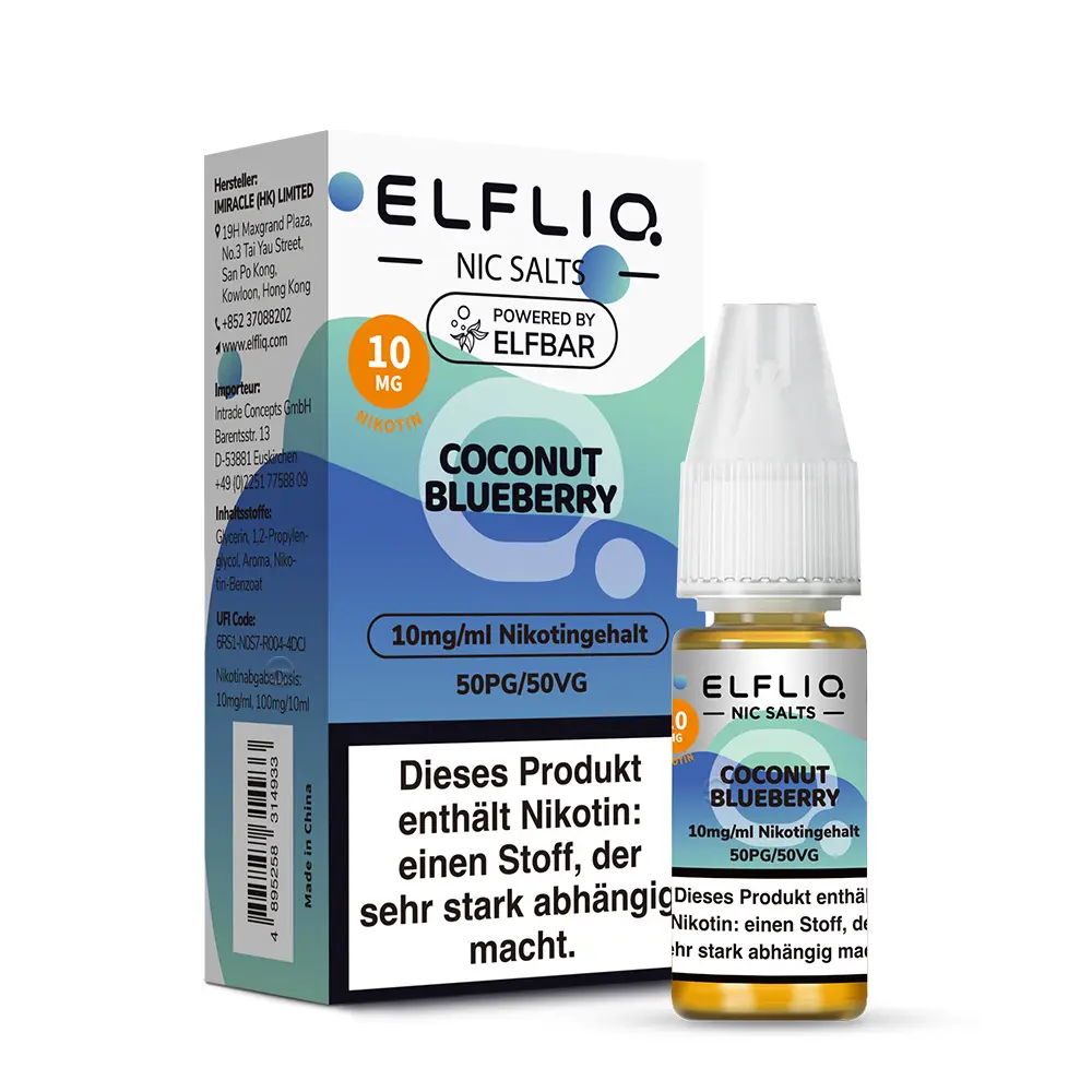 Elfbar Elfliq Coconut Blueberry 10ml Nikotinsalz-Liquid, Frontansicht der Flasche mit 10mg Nikotingehalt
