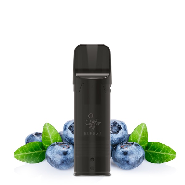Elfbar Elfa Prefilled Pod Blueberry schwarz, einzelner Pod vor frischen Blaubeeren