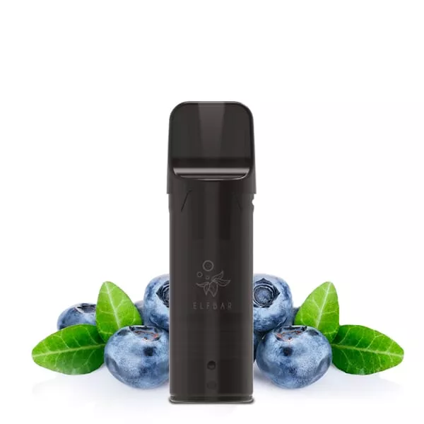 Elfbar Elfa Prefilled Pod Blueberry schwarz, einzelner Pod vor frischen Blaubeeren