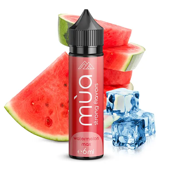 Mùa Watermelon Max Longfill 60ml Flasche in Rosa-Rot mit Wassermelonen-Motiv und Eiswürfeln