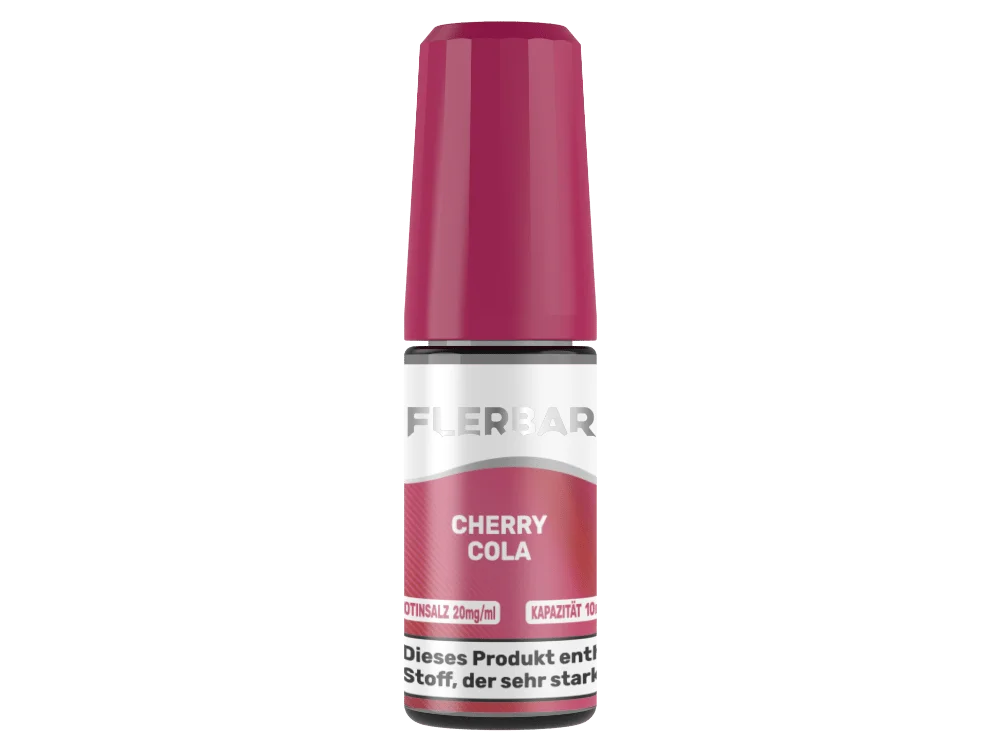 Flerbar Cherry Cola 10ml Nikotinsalz-Liquid in roter 10ml Flasche mit pinker Verschlusskappe, Frontansicht