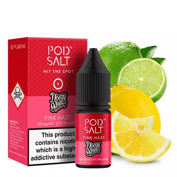 PodSalt Fusion Pink Haze 10ml Nikotinsalz-Liquid, pinke Flasche mit Zitrusfrüchten im Hintergrund