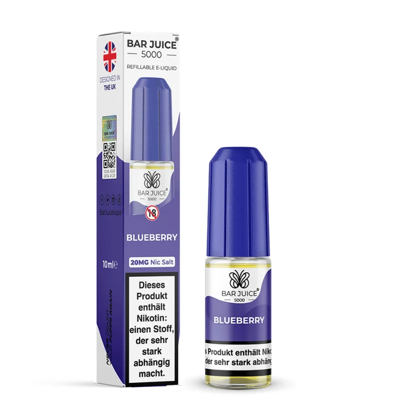 Bar Juice 5000 Blueberry 10ml Nikotinsalz-Liquid – blaue Flasche neben Verpackungskarton