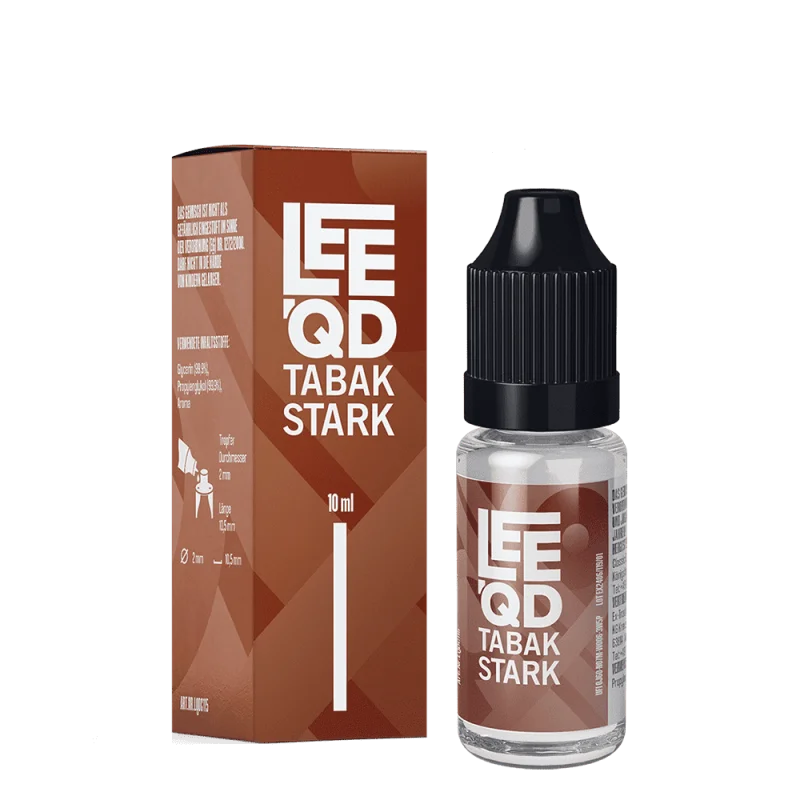 LEEQD Tabak Stark 10ml Liquid – Flasche und Karton nebeneinander, Seitenansicht