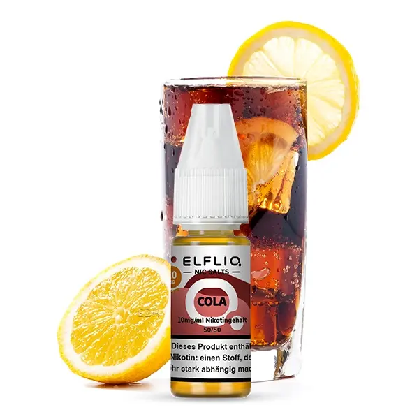 Elfliq Cola 10ml Nikotinsalz-Liquid Flasche vor Cola-Glas mit Zitronenscheibe