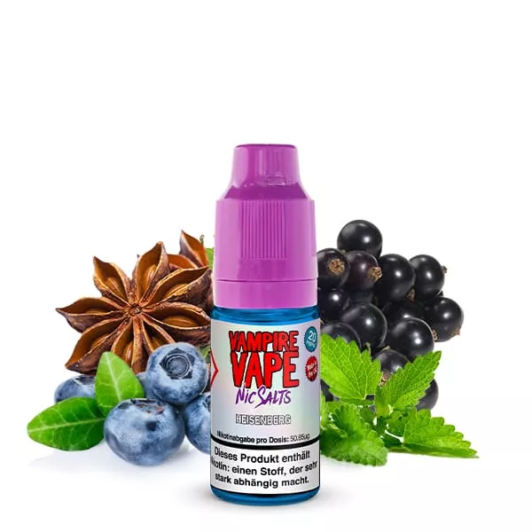 source115866.jpg Vampire Vape Heisenberg 10ml Nikotinsalz-Liquid – lila Flasche mit Johannisbeeren, Sternanis und Minze im Hintergrund