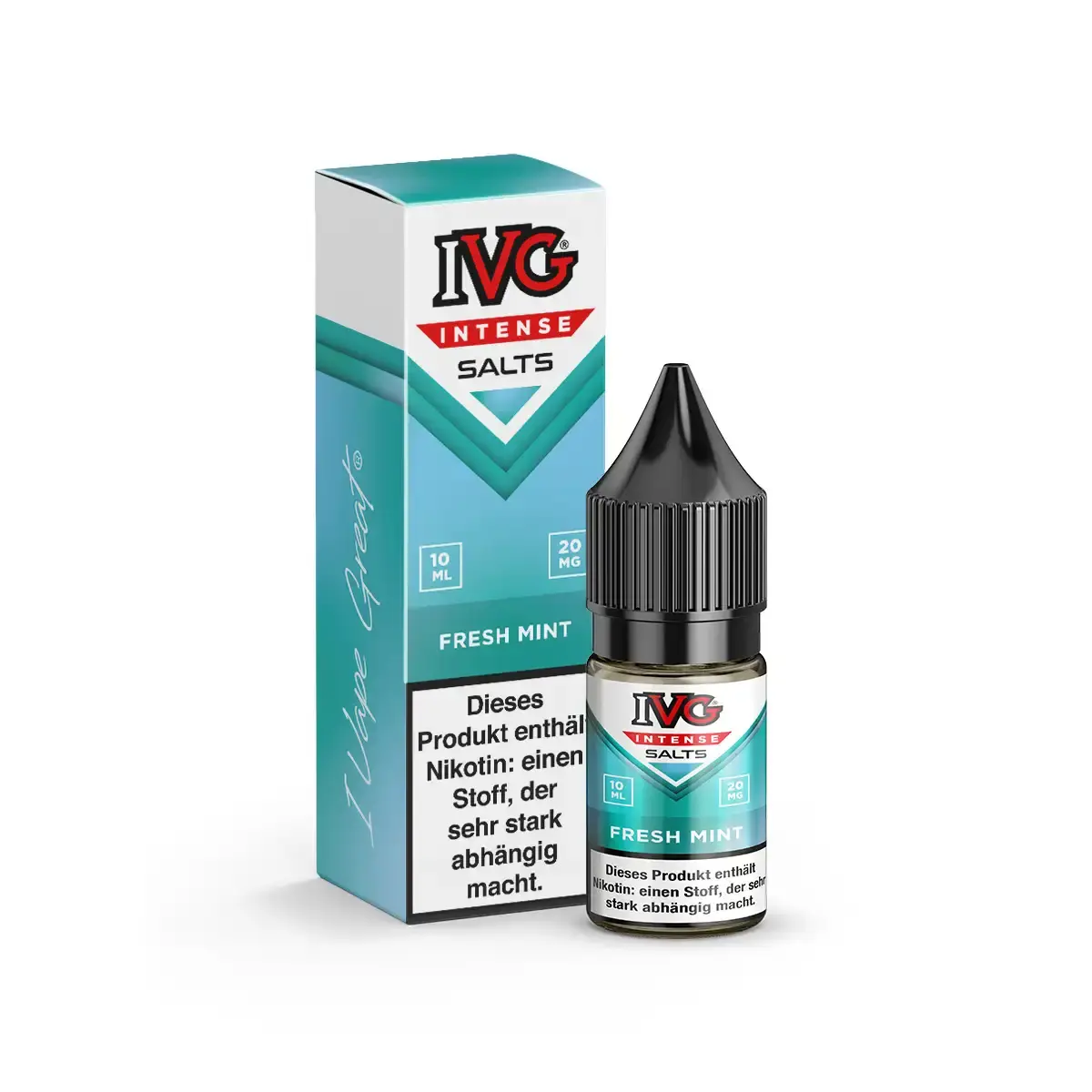 IVG Intense Salts Fresh Mint 10ml Nikotinsalz-Liquid – türkise Verpackung mit Flasche, seitliche Ansicht