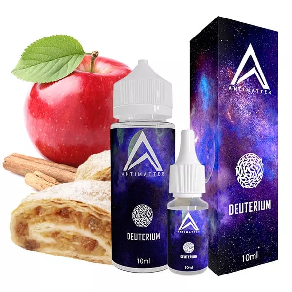 must-have-antimatter-deuterium-aroma Antimatter Deuterium Longfill 10ml Flasche mit Apfel und Zimtschnecke im Hintergrund
