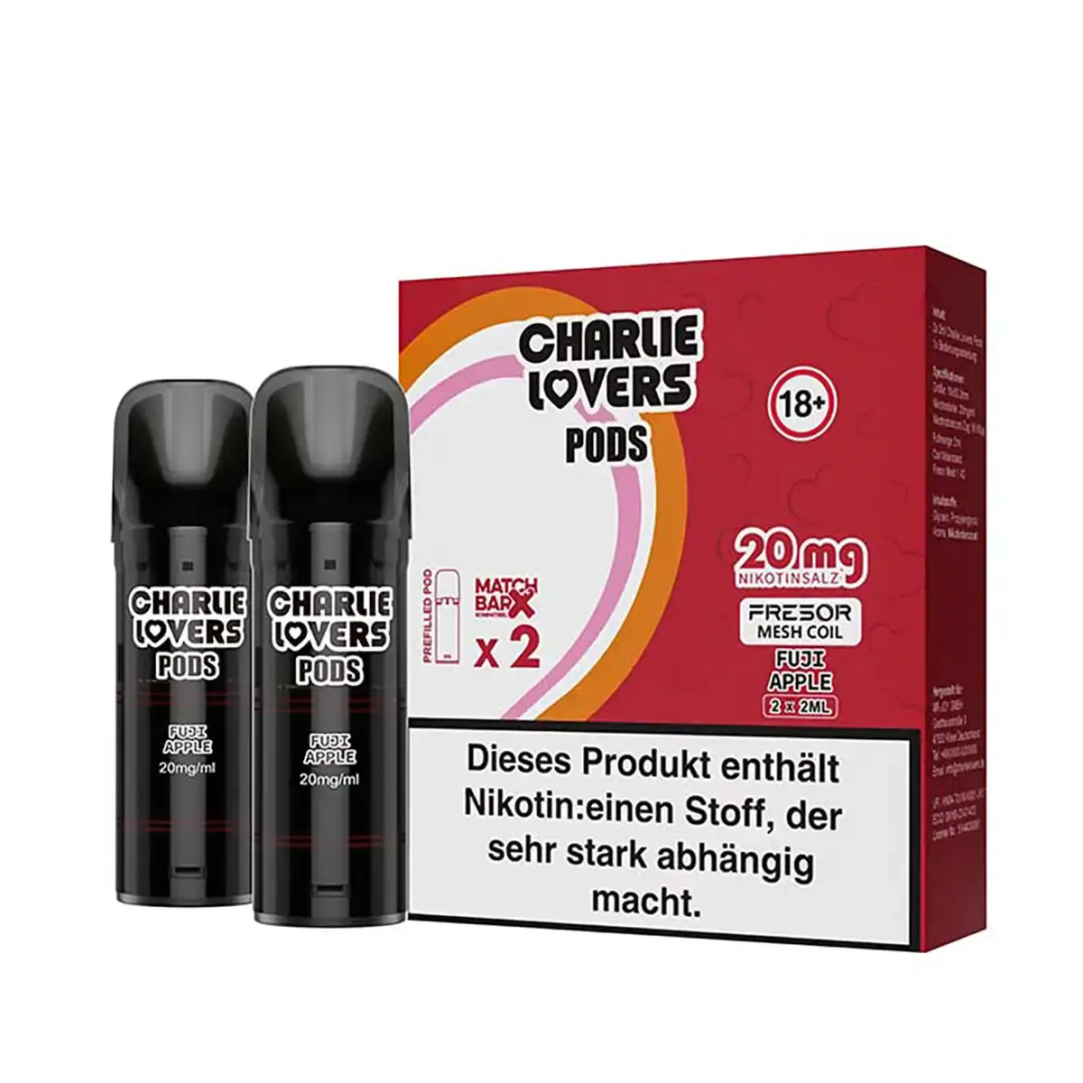charlie-lovers-prefilled-pods-matchbar-2-stueck-fuji-apple-20mg-ml-steuerware.png 2 schwarze Charlie Lovers Prefilled Pods Fuji Apple in roter Verpackung, 20 mg Nikotin