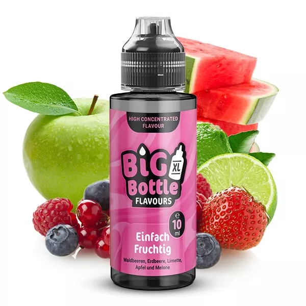 source647466.jpg Big Bottle Einfach Fruchtig Longfill 10ml, Flasche mit pinkem Etikett, umgeben von Wassermelone, Apfel, Erdbeeren und Beeren