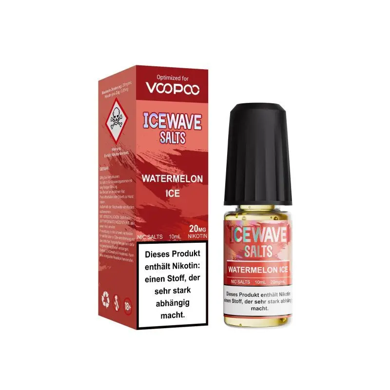 WAV405_800x800.jpg?ts=1763557123 Icewave Watermelon Ice 10ml Nikotinsalz-Liquid – Flasche neben roter Box, leicht gedrehte Ansicht