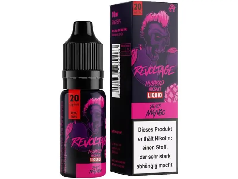 Revoltage Black Mango Hybrid-Nikotinsalz-Liquid 10ml in dunkler Flasche mit pinkfarbener Verpackungsbox