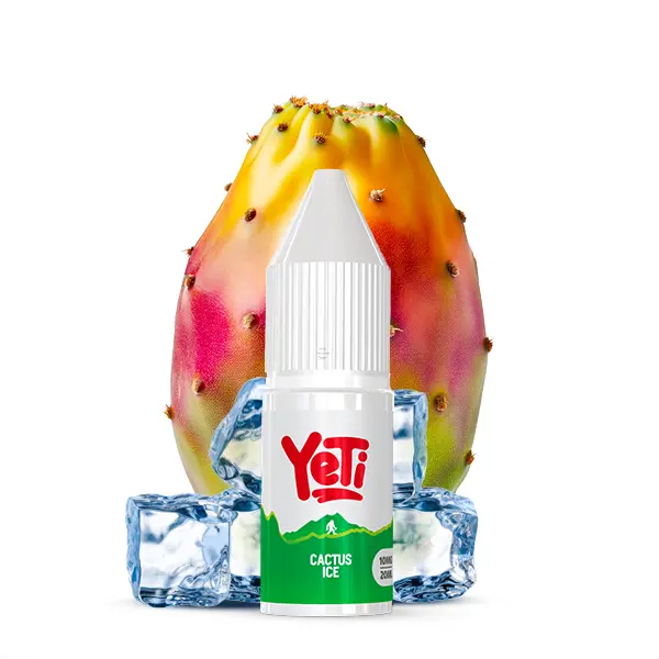 Yeti Summit Cactus Ice Nikotinsalz-Liquid 10ml Flasche mit aufgeschnittener Kaktusfeige und Eiswürfeln
