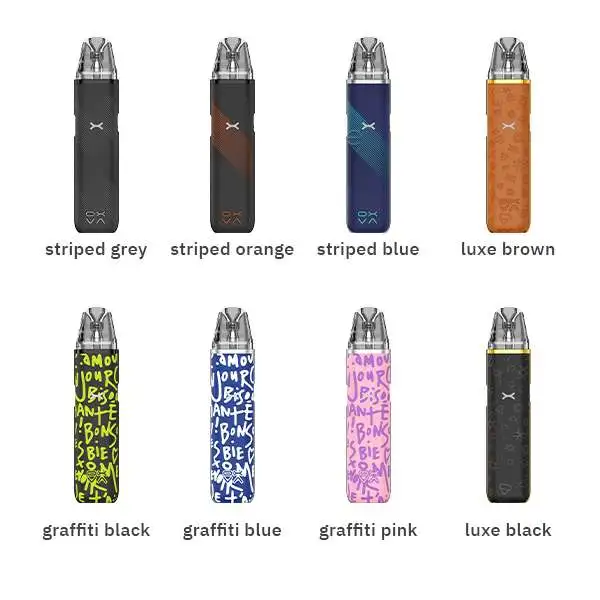 Oxva Xlim Go Pod Kit in 8 Farbvarianten: Striped Grey, Orange, Blue, Luxe Brown, Graffiti Black, Blue, Pink und Luxe Black